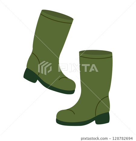 High rubber boots. Hand-drawn. Flat vector illustration isolated on a white background High rubber boots. Hand-drawn. Flat vector illustration isolated on a white background 128782694