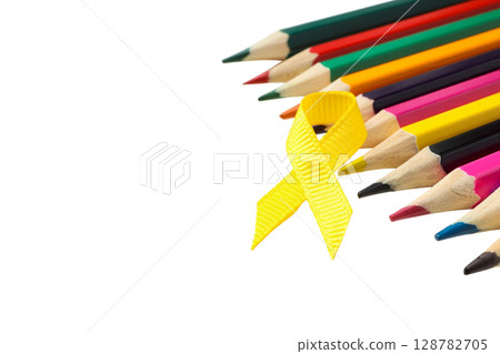 Colored pencils tied with a yellow ribbon, isolated on white, PNG Colored pencils tied with a yellow ribbon, isolated on white, PNG 128782705