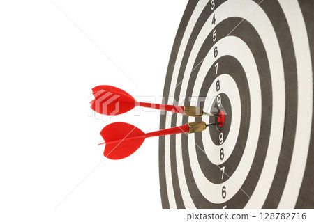 Two red darts hit the target's center, isolated on white, PNG 128782716