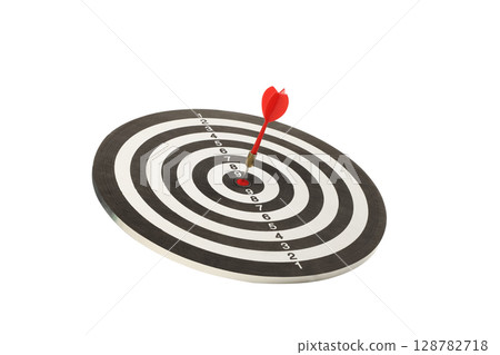 Red dart hits bullseye on target, isolated on white, PNG 128782718