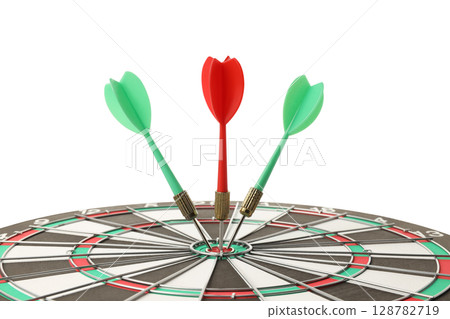 Darts hit the bullseye during a game, isolated on white, PNG 128782719