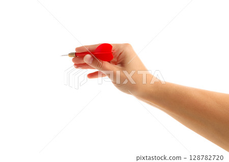 Hand grips a red dart, poised for a throw, isolated on white, PNG 128782720