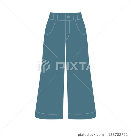 Flared denim trousers. Hand-drawn. Flat vector illustration isolated on a white background Flared denim trousers. Hand-drawn. Flat vector illustration isolated on a white background 128782721