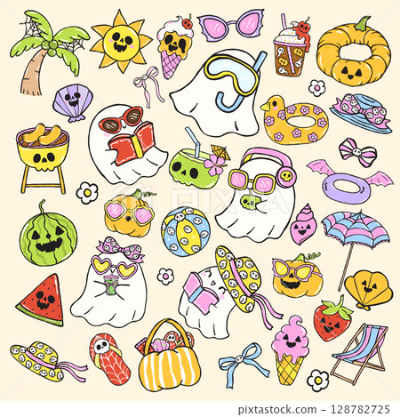 Cute Summerween ghost Halloween Summer Cartoon doodle hand drawn Element Collection 128782725