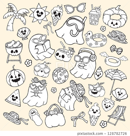 Cute Summerween ghost Halloween Summer Cartoon doodle Outline hand drawn Black and white Element Collection 128782726