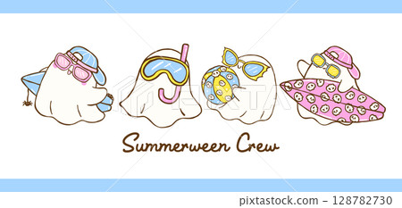 Cute Summerween ghost sheet doodle hand drawn set 128782730