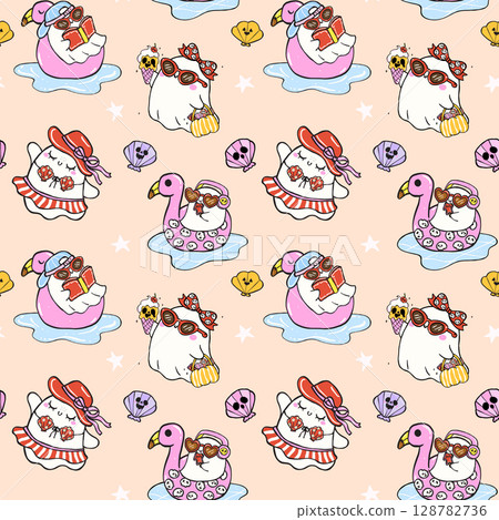Cute Summerween seamless pattern cute ghost Summer on beach girly spooky halloween design for fabric, sublimation, wallpaper 128782736