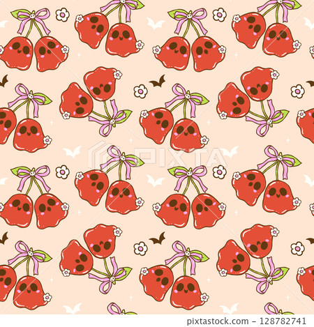 Cute Summerween seamless pattern with cute coquette ghost cherries, girly spooky halloween design for fabric, sublimation, wallpaper Cute Summerween seamless pattern with cute coquette ghost cherries, girly spooky halloween design for fabric, sublimation, wallpaper 128782741