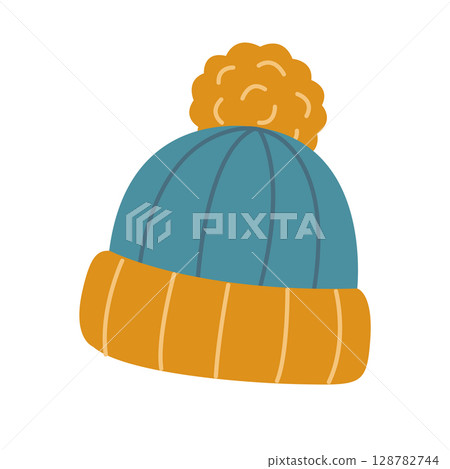 Knitted hat. Hand-drawn illustration. Flat vector illustration isolated on a white background Knitted hat. Hand-drawn illustration. Flat vector illustration isolated on a white background 128782744