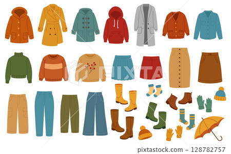 A set of cosy clothes. Autumn sweaters and jackets, socks and hats, rubber boots and shoes, jeans and dresses, autumn accessories. Hand-drawn vector illustration isolated on a white background. 128782757
