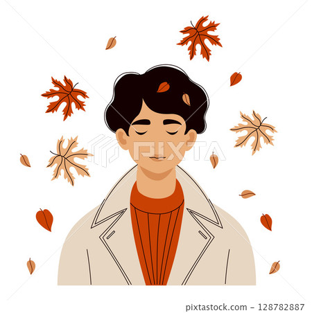Elegant Woman Brunette with short haircut in trench coat with Autumn Leaves. Female Autumnal Portrait. Vector illustration. Not AI 128782887