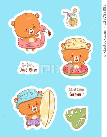 Cute summer beach bear stickers with drinks and inflatable pool float. Funny isolated Animal kawaii character surfer with board, in rings flamingo and cool vacation slogan. Vector illustration. Not AI Cute summer beach bear stickers with drinks and inflatable pool float. Funny isolated Animal kawaii character surfer with board, in rings flamingo and cool vacation slogan. Vector illustration. Not AI 128782889
