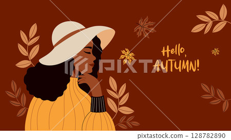 Pretty Afro-American Woman in wide-brim hat with fall Leaves. Female Autumnal ethnic Portrait. Stylish Seasonal horizontal poster Hello, autumn. Vector illustration. Not AI Pretty Afro-American Woman in wide-brim hat with fall Leaves. Female Autumnal ethnic Portrait. Stylish Seasonal horizontal poster Hello, autumn. Vector illustration. Not AI 128782890