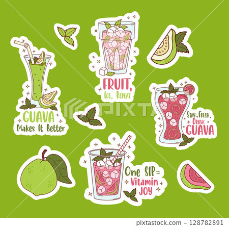 Guava Refreshing drink stickers with quotes. Summer tropical Fruit smoothie with ice cubes, straw and Mint leaves. Vector Illustration. Isolated Exotic Cocktail with motivational phrase on green Guava Refreshing drink stickers with quotes. Summer tropical Fruit smoothie with ice cubes, straw and Mint leaves. Vector Illustration. Isolated Exotic Cocktail with motivational phrase on green 128782891