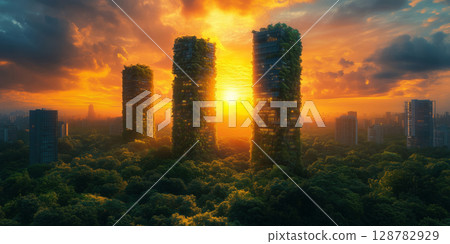 a high tech city with vegetation covered towers that have integrated wind turbines and solar panels, set against a backdrop of green hills 128782929