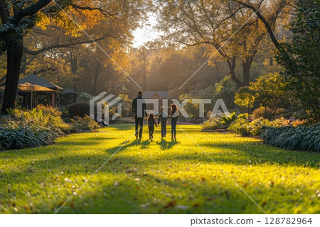 a family playing frisbee on the grass in a spacious park, surrounded by mature trees and sculpted gardens 128782964