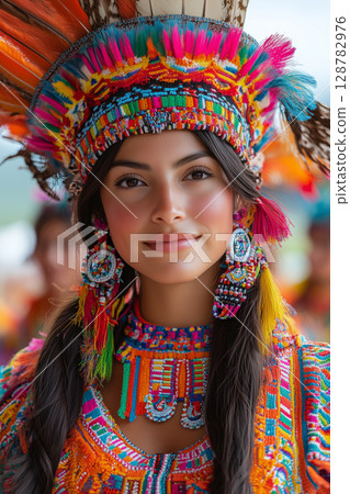 a group of performers in traditional Inca attire, dancing in formation in a large open square 128782976