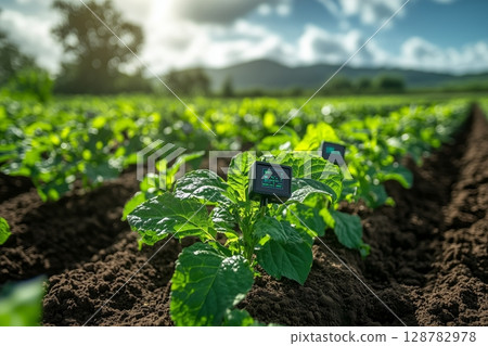 a modern farm with IoT devices attached to crops, monitoring soil moisture and temperature 128782978