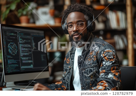 a modern tutor hosting an online class, wearing headphones and speaking into a microphone 128782979