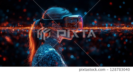 a person in a VR headset gesturing at floating holographic data, with futuristic visuals 128783040