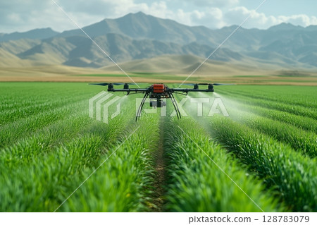 a drone spraying crops with fertilizer in a vibrant green field, precise and efficient, with clear skies and mountains in the background, bright morning light a drone spraying crops with fertilizer in a vibrant green field, precise and efficient, with clear skies and mountains in the background, bright morning light 128783079