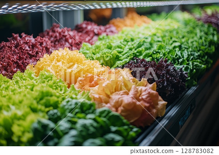 a futuristic vertical hydroponic farm with multicolored lettuces a futuristic vertical hydroponic farm with multicolored lettuces 128783082