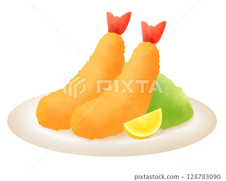Illustration of fried shrimp, salad and lemon served on a plate 128783090