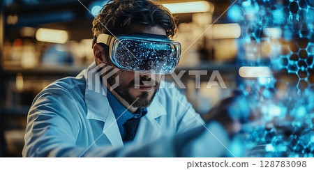a scientist using an AR headset in a lab a scientist using an AR headset in a lab 128783098