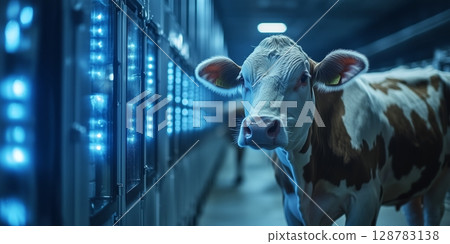 an automated milking robot attached to a cow in a clean modern barn 128783138