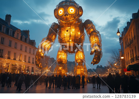 an evening scene at Festival of the Giants, a giant figure illuminated by warm lights, with a lively crowd 128783139
