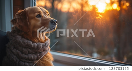 a dog watching the sunrise through a large window, peaceful setting with empty right side for text 128783155