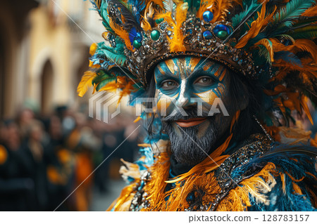 a dramatic moment in the parade, a giant figure seemingly interacting with the crowd 128783157