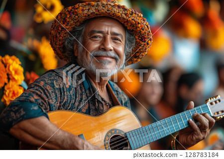 a traditional Colombian music performance during Feria de las Flores, musicians playing guitars and singing, with flower covered stages and decorations in the background, lively lighting 128783184