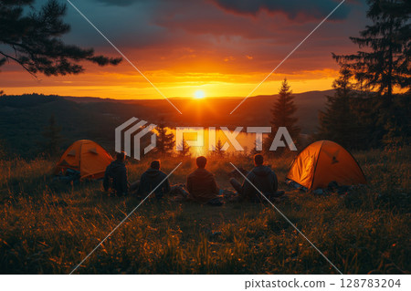 a sunset beach party at the festival, participants relaxing after muddy activities 128783204