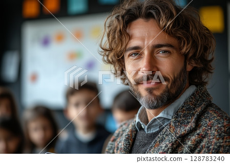 a young teacher using a tablet to explain a concept to students in a bright classroom 128783240