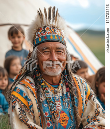 an elder storyteller at Sabantuy, sitting near a decorated yurt, surrounded by children and festivalgoers in traditional attire, green grass and blue sky in the background 128783268