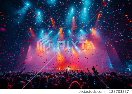festivalgoers enjoying a live concert, with a brightly lit stage and vibrant lighting effects festivalgoers enjoying a live concert, with a brightly lit stage and vibrant lighting effects 128783287