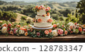 a wedding cake displayed on a rustic wooden table, surrounded by fresh flowers and greenery 128783347
