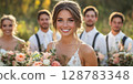 a wedding party posing in an open field, the bride and bridesmaids holding bouquets, groomsmen in suspenders, blank right side for text 128783348