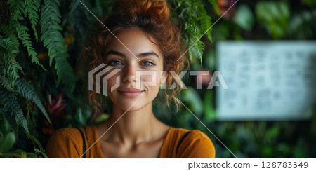 a woman brainstorming on a whiteboard in a collaborative outdoor coworking area, surrounded by vibrant plants and other people working 128783349