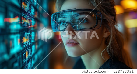 a woman in a modern office wearing AR glasses, interacting with holographic charts and digital tools a woman in a modern office wearing AR glasses, interacting with holographic charts and digital tools 128783351