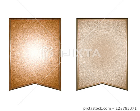 3d render Set of metallic textured banner flags with bronze and gold tones on white background, ideal for awards, labels, invitations, certificates, or digital design projects. 3d render Set of metallic textured banner flags with bronze and gold tones on white background, ideal for awards, labels, invitations, certificates, or digital design projects. 128783371