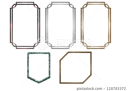 3d render Set of decorative geometric frames with white background, including gold, silver, bronze, marble, and wooden textures, perfect for design, invitations, posters, or digital artwork. 3d render Set of decorative geometric frames with white background, including gold, silver, bronze, marble, and wooden textures, perfect for design, invitations, posters, or digital artwork. 128783372