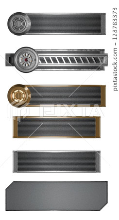 3d render Set of futuristic metallic nameplate banners with sci-fi and industrial design, ideal for interface HUDs, game UI elements, labels, or digital display panels. Isolated on white background. 3d render Set of futuristic metallic nameplate banners with sci-fi and industrial design, ideal for interface HUDs, game UI elements, labels, or digital display panels. Isolated on white background. 128783373