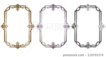 3d render , Luxury vintage ornamental frame set with white background, includes golden, metallic, and black decorative border designs, perfect for invitations, certificates, or elegant graphic 128783374