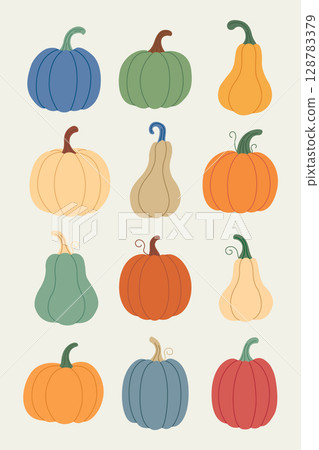 Set of pumpkins in different colours. Cute pumpkins drawn by hand. Cozy autumn set. Vector illustration Set of pumpkins in different colours. Cute pumpkins drawn by hand. Cozy autumn set. Vector illustration 128783379