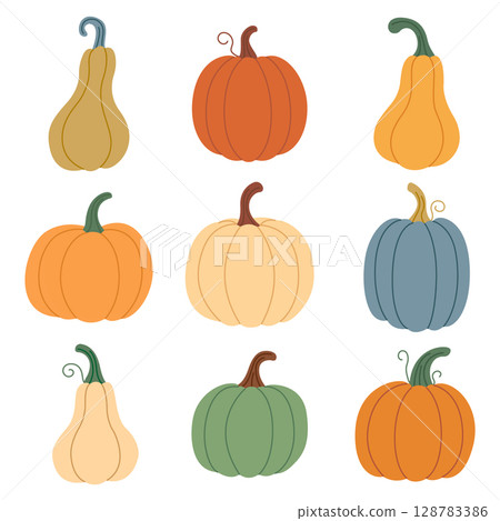 A set of pumpkins in different colours. Cute pumpkins drawn by hand. A cosy autumn set. Vector illustration 128783386