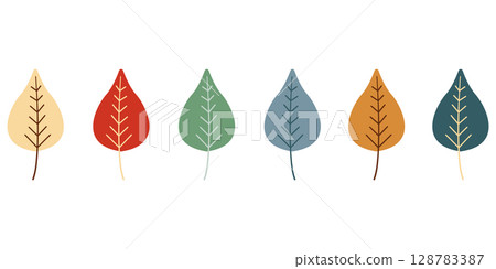 Set of leaves in different colours. Cute leaves drawn by hand. Cosy autumn design. Vector illustration 128783387