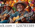 a traditional Colombian music performance during Feria de las Flores, musicians playing guitars and singing 128783389