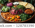a traditional Ethiopian meal served on a large injera platter, topped with colorful wot (stews) and surrounded by small bowls of fresh salads, on a low wooden table with warm lighting 128783390